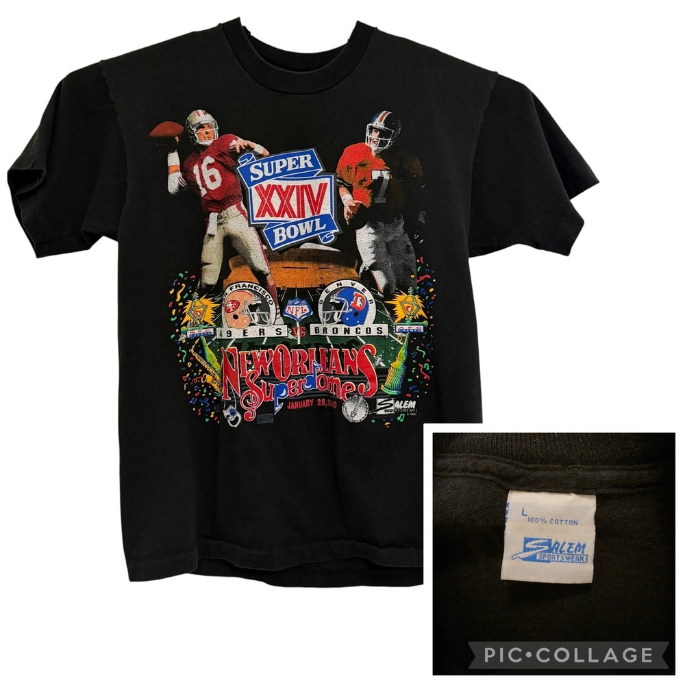 VTG 90s Salem Sportswear Super Bowl XXIV T-Shirt‎ 49ers Broncos Large Made USA
